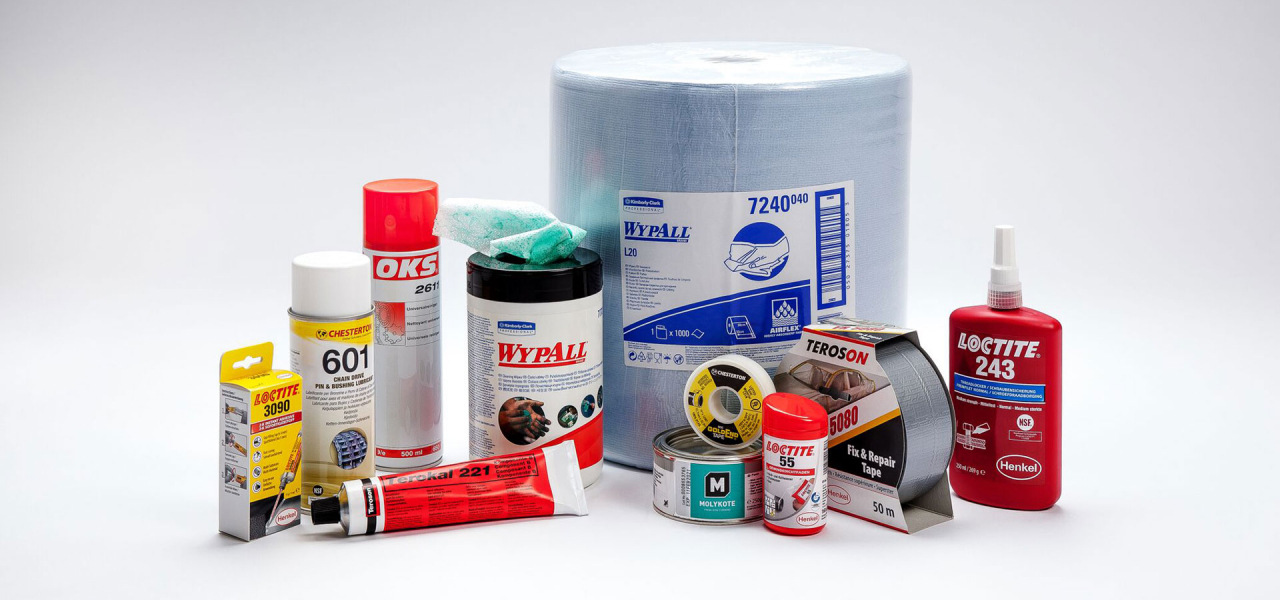 Klebstoffe, Dichtstoffe, Reiniger, Schmierstoffe, Waschraum- und Hygieneprodukte